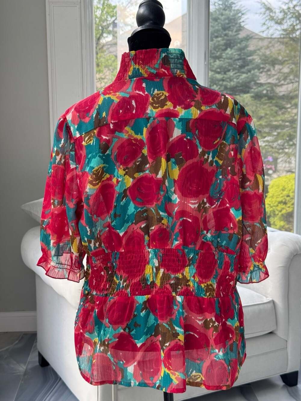 Sexy metrostyle Floral Print Mock Neck Smocked Waist Blouse Size 14 - Picture 5 of 8